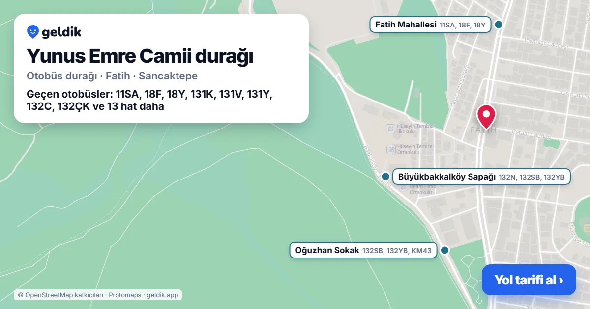 Yunus Emre Camii otobüs durağı haritada: konumu ve yakındaki duraklar