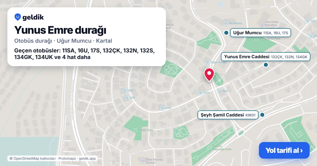 Yunus Emre otobüs durağı haritada: konumu ve yakındaki duraklar