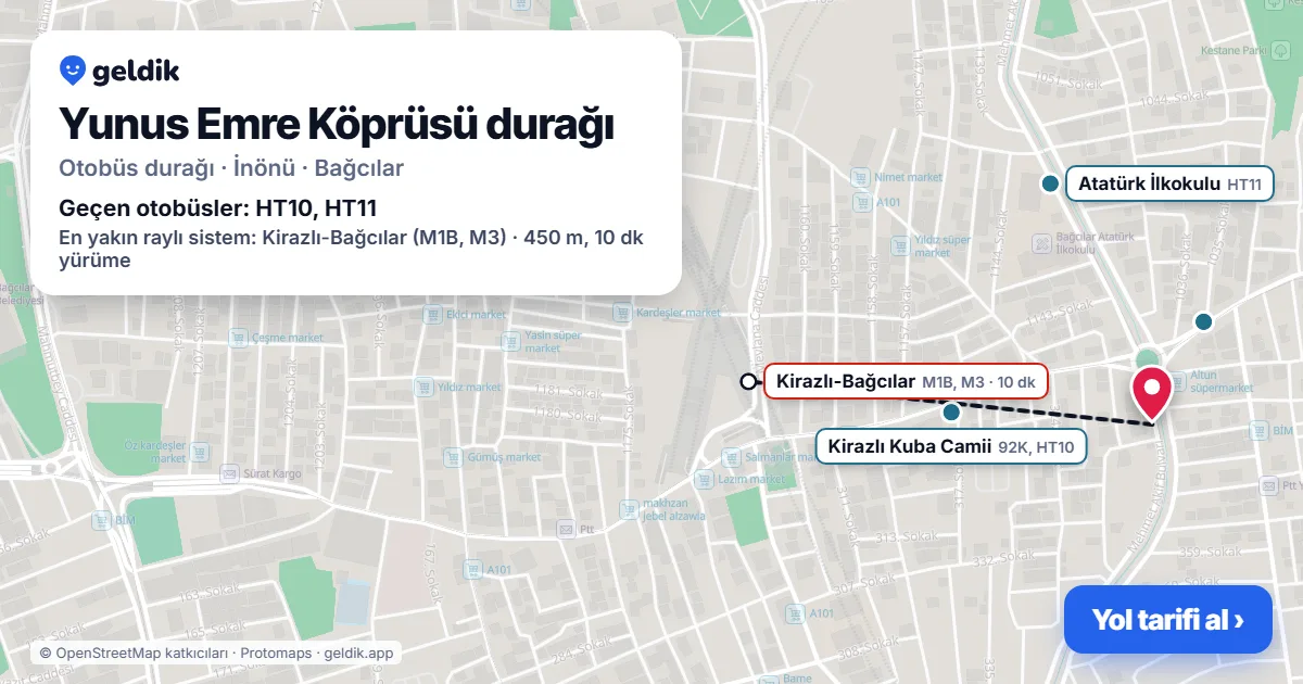 Yunus Emre Köprüsü otobüs durağı haritada: konumu ve yakındaki duraklar