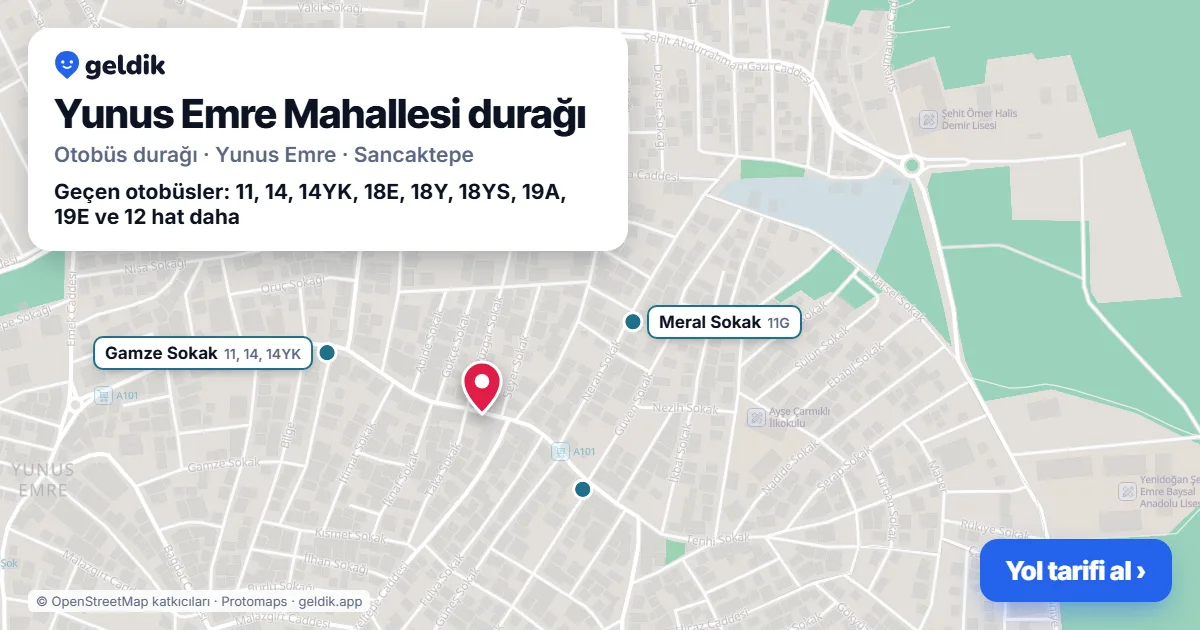Yunus Emre Mahallesi otobüs durağı haritada: konumu ve yakındaki duraklar
