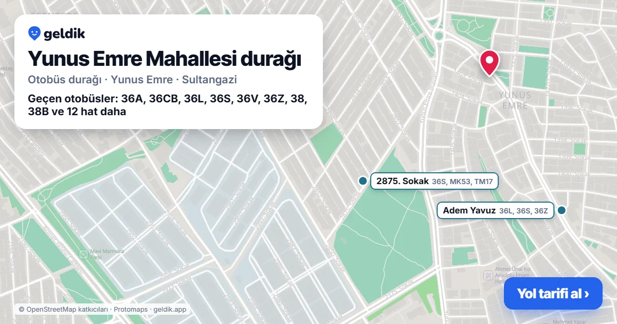 Yunus Emre Mahallesi otobüs durağı haritada: konumu ve yakındaki duraklar