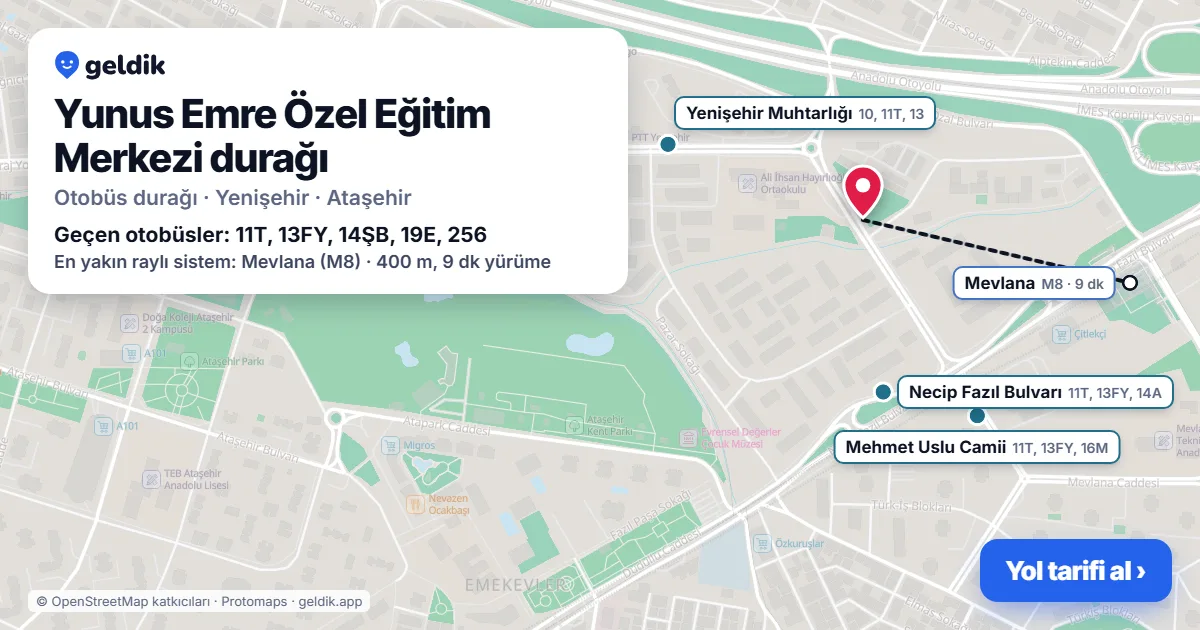 Yunus Emre Özel Eğitim Merkezi otobüs durağı haritada: konumu ve yakındaki duraklar