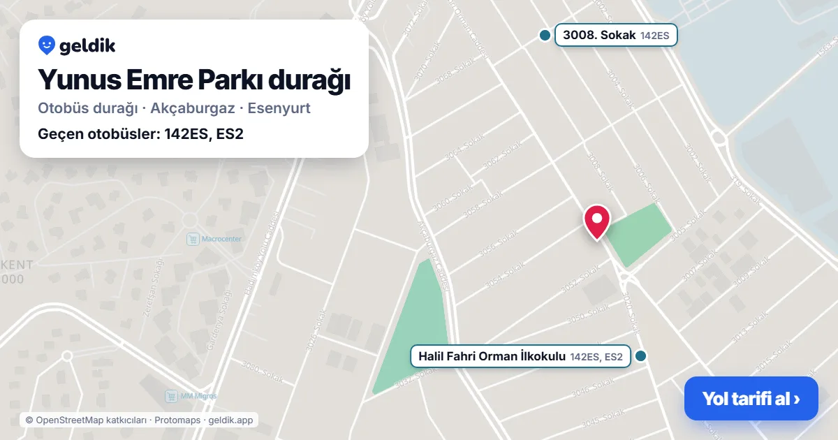 Yunus Emre Parkı otobüs durağı haritada: konumu ve yakındaki duraklar