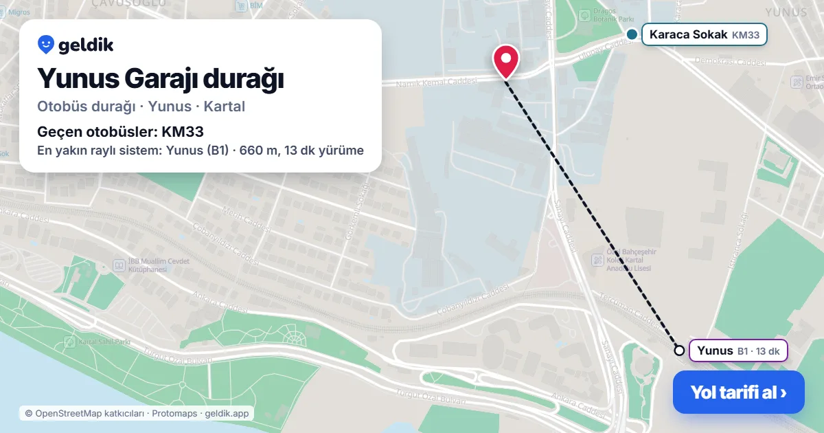 Yunus Garajı otobüs durağı haritada: konumu ve yakındaki duraklar