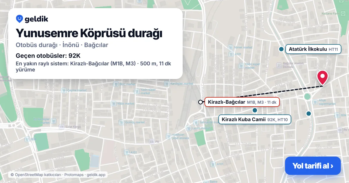 Yunusemre Köprüsü otobüs durağı haritada: konumu ve yakındaki duraklar