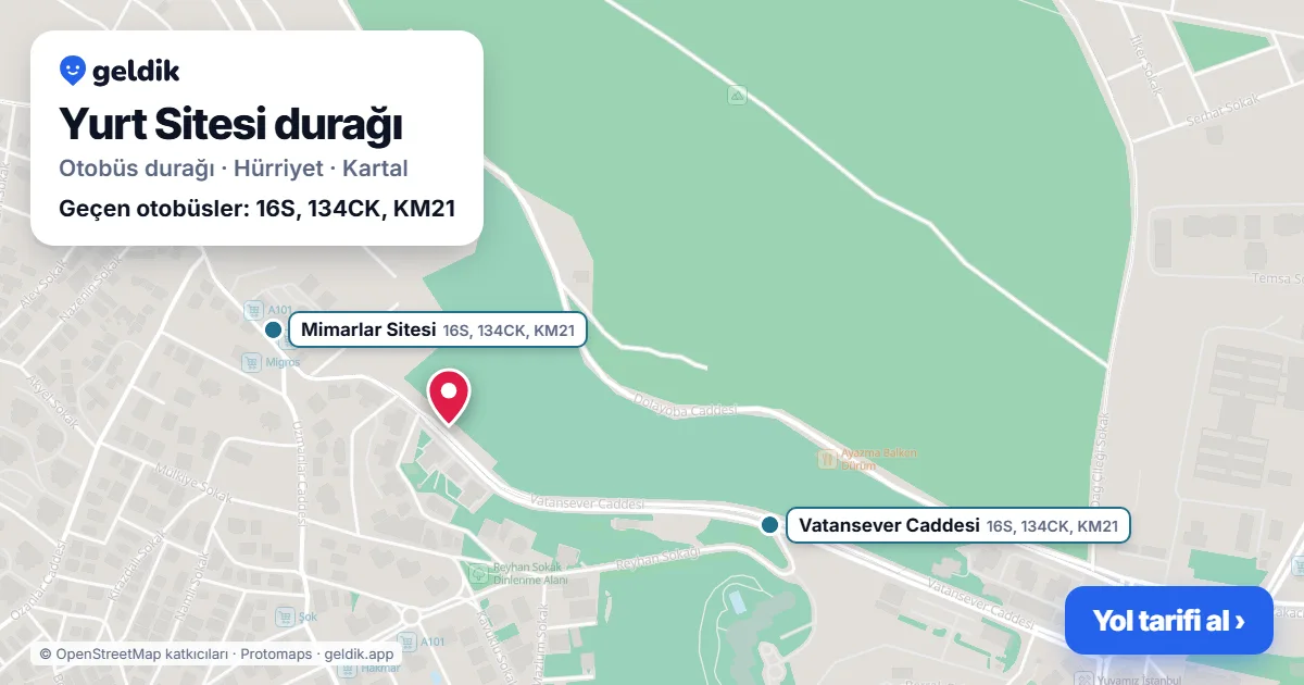 Yurt Sitesi otobüs durağı haritada: konumu ve yakındaki duraklar