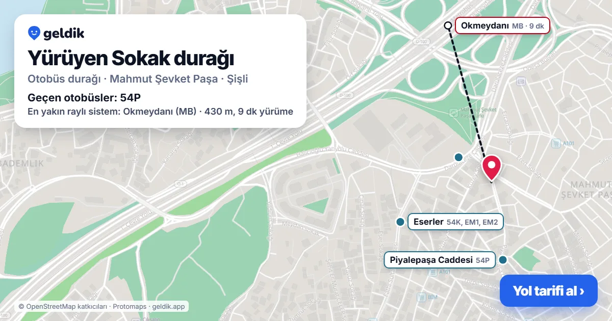 Yürüyen Sokak otobüs durağı haritada: konumu ve yakındaki duraklar