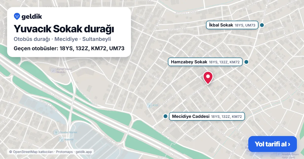 Yuvacık Sokak otobüs durağı haritada: konumu ve yakındaki duraklar