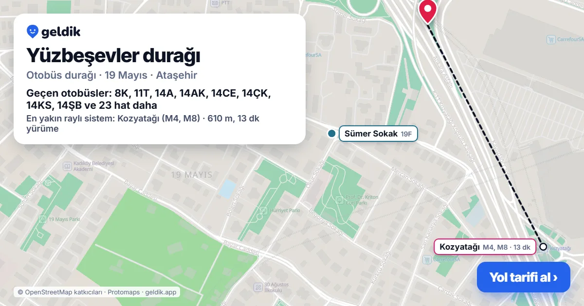 Yüzbeşevler otobüs durağı haritada: konumu ve yakındaki duraklar