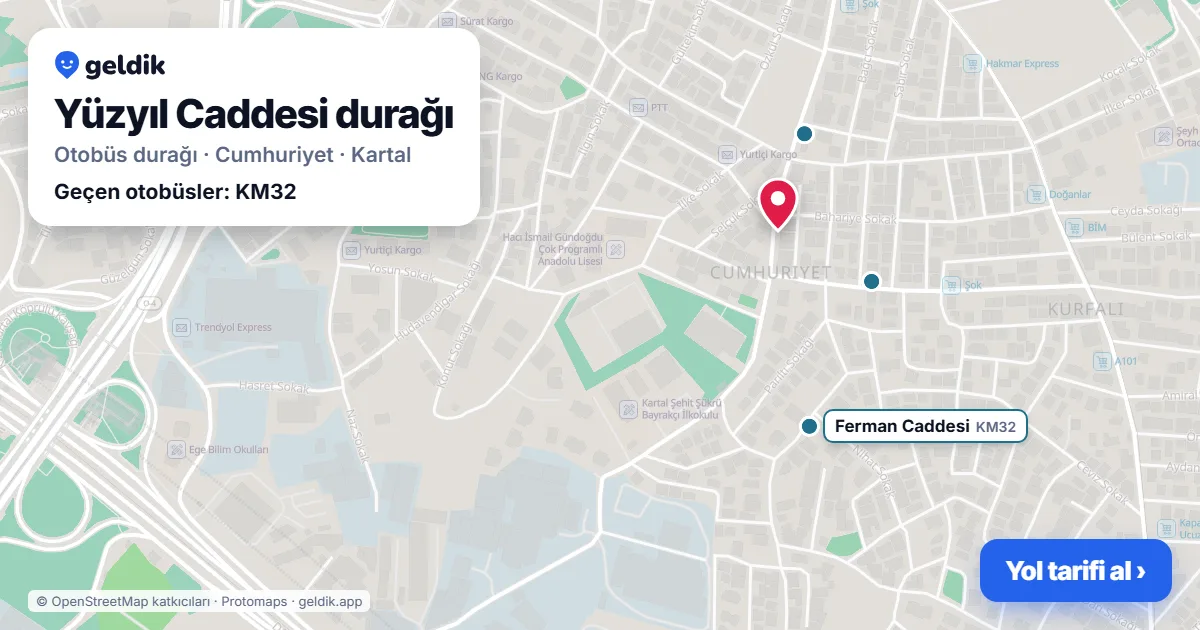 Yüzyıl Caddesi otobüs durağı haritada: konumu ve yakındaki duraklar
