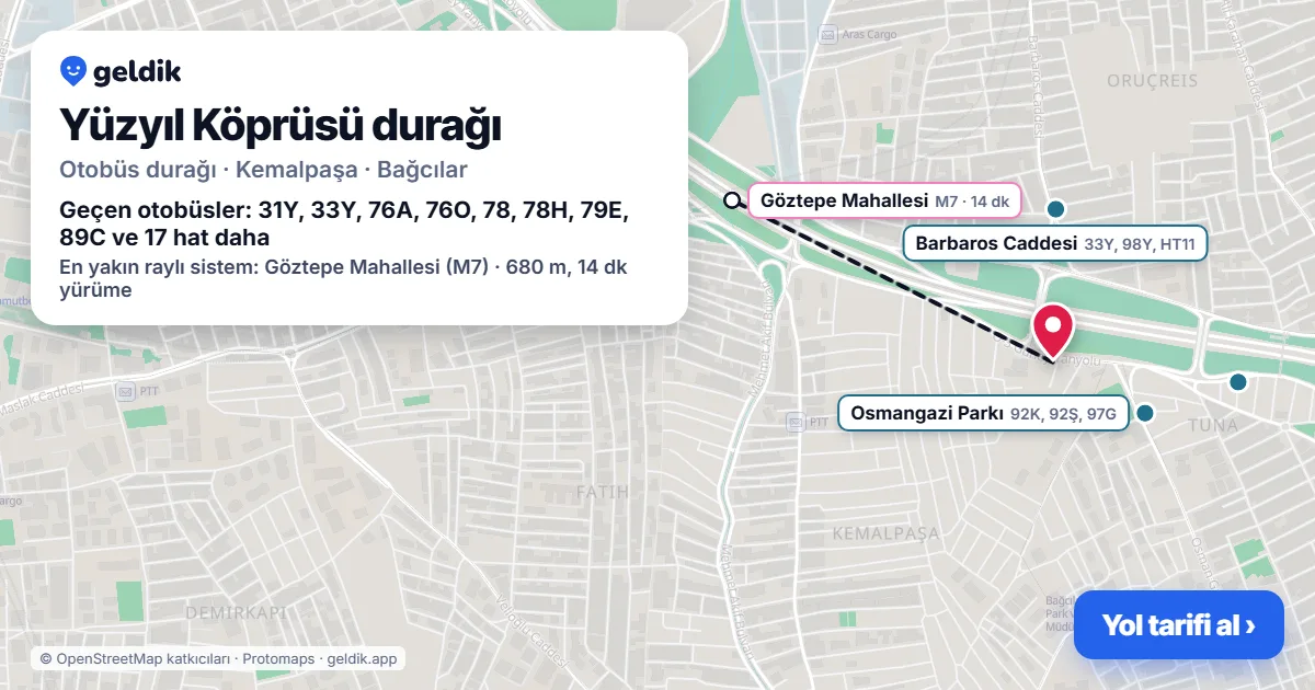 Yüzyıl Köprüsü otobüs durağı haritada: konumu ve yakındaki duraklar