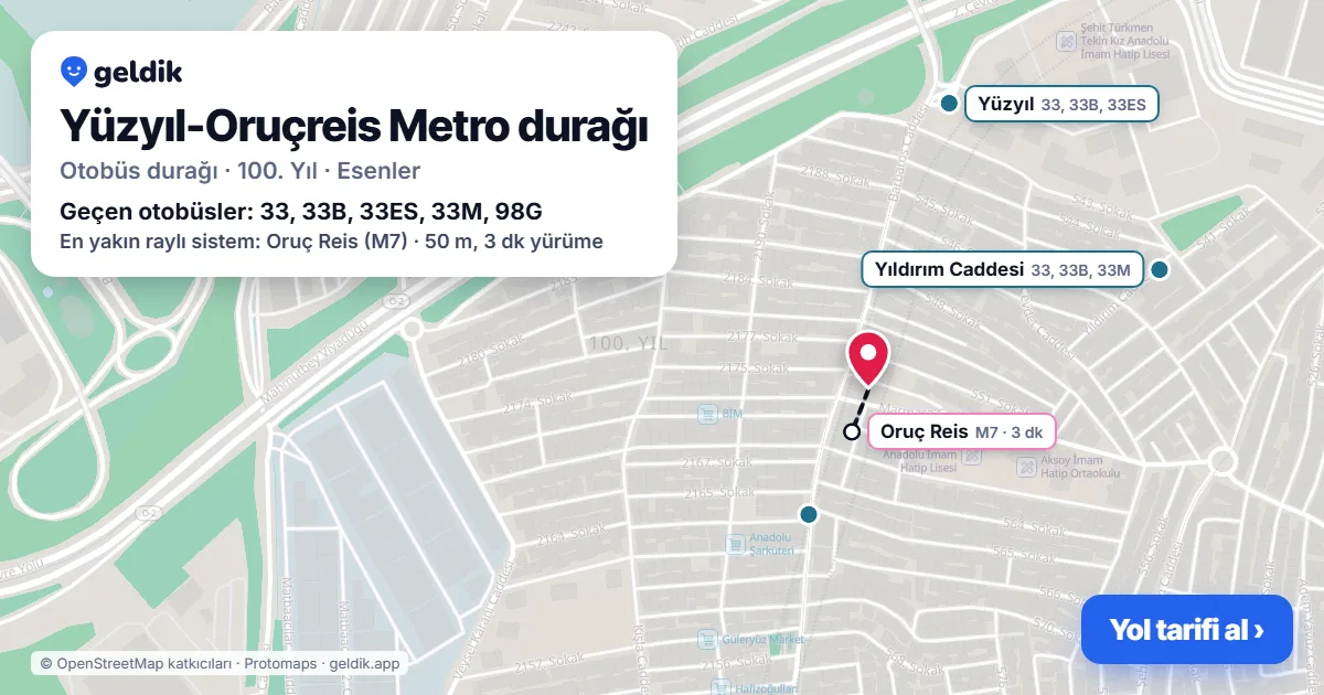 Yüzyıl-Oruçreis Metro otobüs durağı haritada: konumu ve yakındaki duraklar