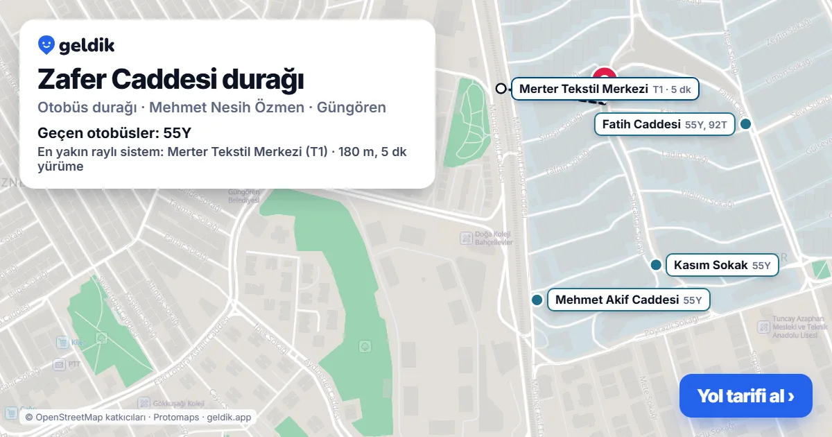 Zafer Caddesi otobüs durağı haritada: konumu ve yakındaki duraklar