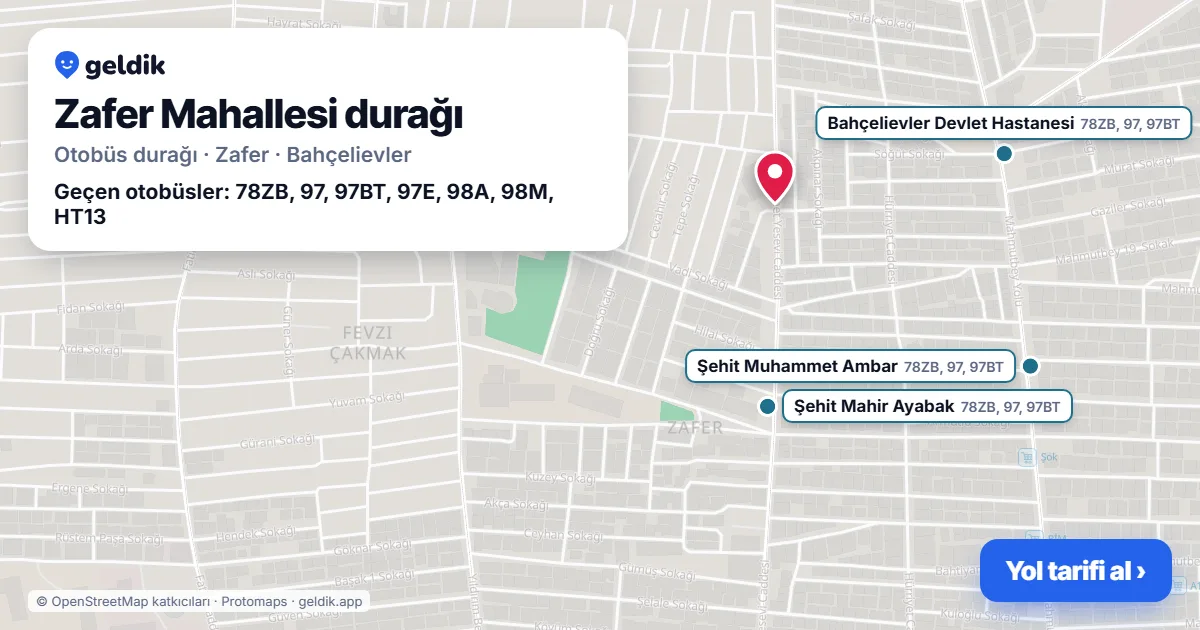 Zafer Mahallesi otobüs durağı haritada: konumu ve yakındaki duraklar