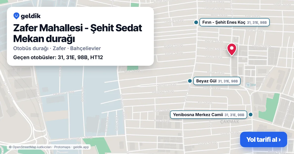 Zafer Mahallesi - Şehit Sedat Mekan otobüs durağı haritada: konumu ve yakındaki duraklar