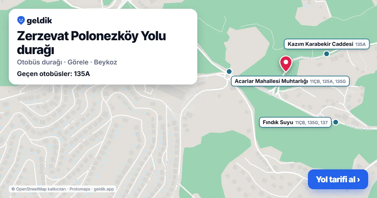Zerzevat Polonezköy Yolu otobüs durağı haritada: konumu ve yakındaki duraklar