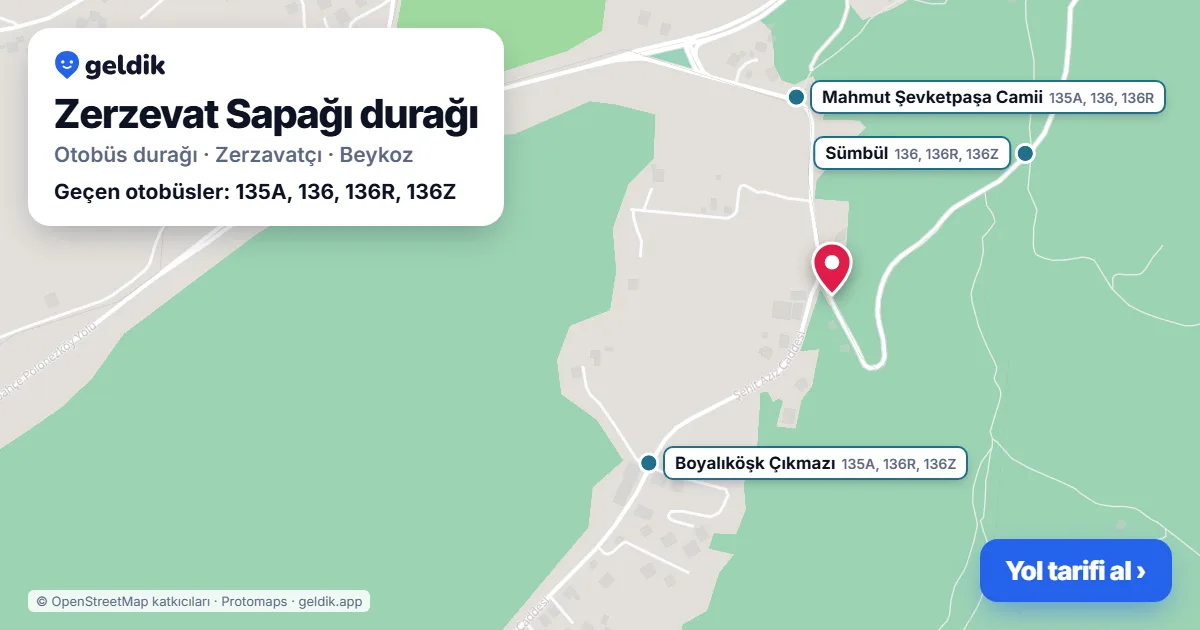 Zerzevat Sapağı otobüs durağı haritada: konumu ve yakındaki duraklar