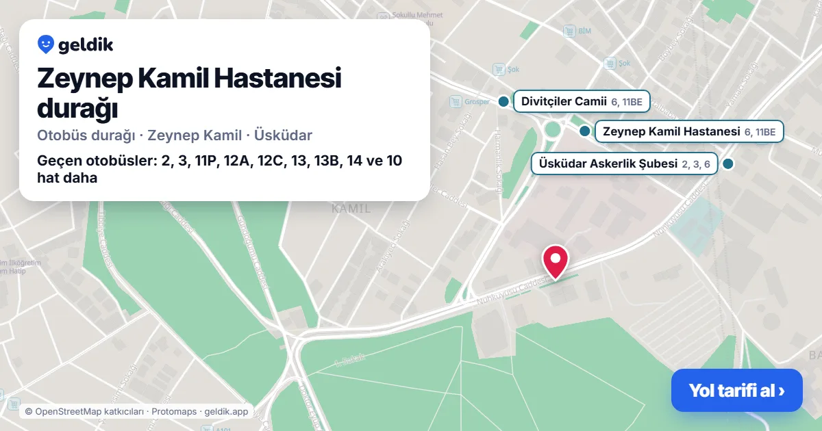 Zeynep Kamil Hastanesi otobüs durağı haritada: konumu ve yakındaki duraklar