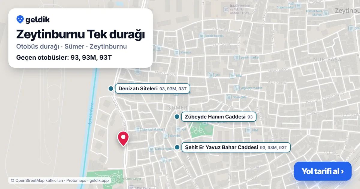 Zeytinburnu Tek otobüs durağı haritada: konumu ve yakındaki duraklar