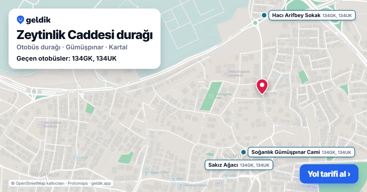 Zeytinlik Caddesi otobüs durağı haritada: konumu ve yakındaki duraklar