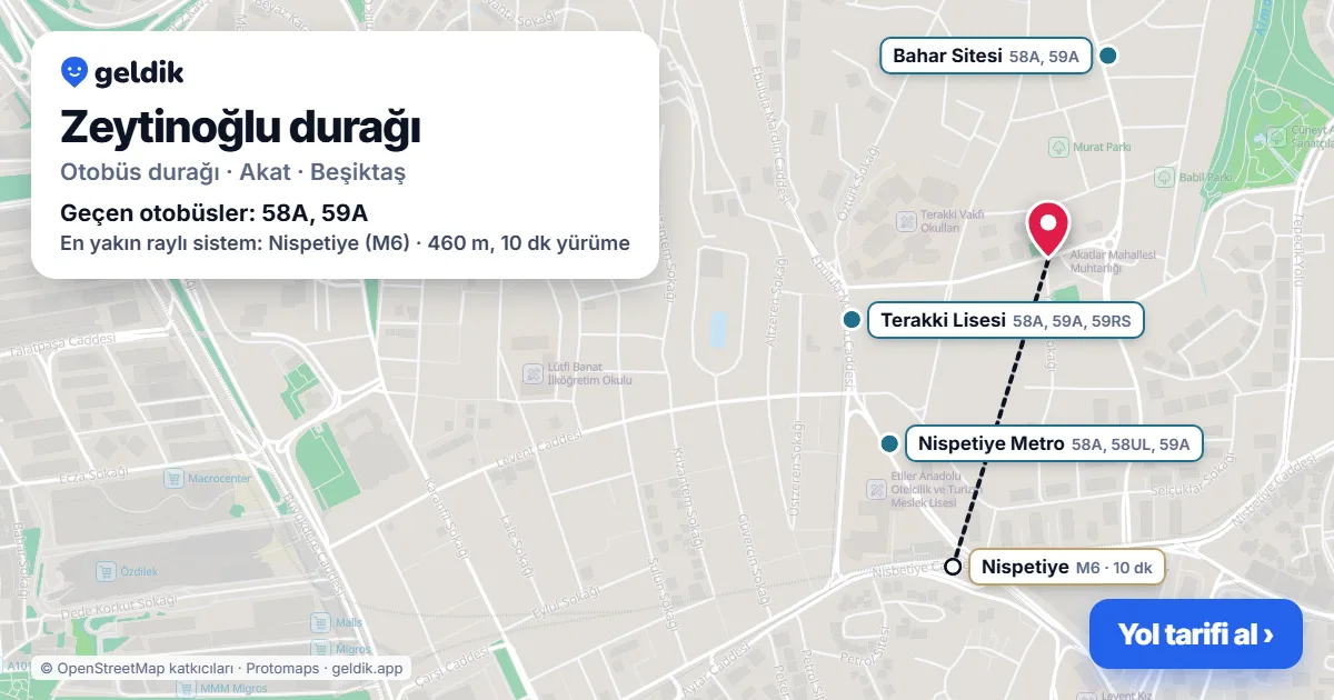 Zeytinoğlu otobüs durağı haritada: konumu ve yakındaki duraklar