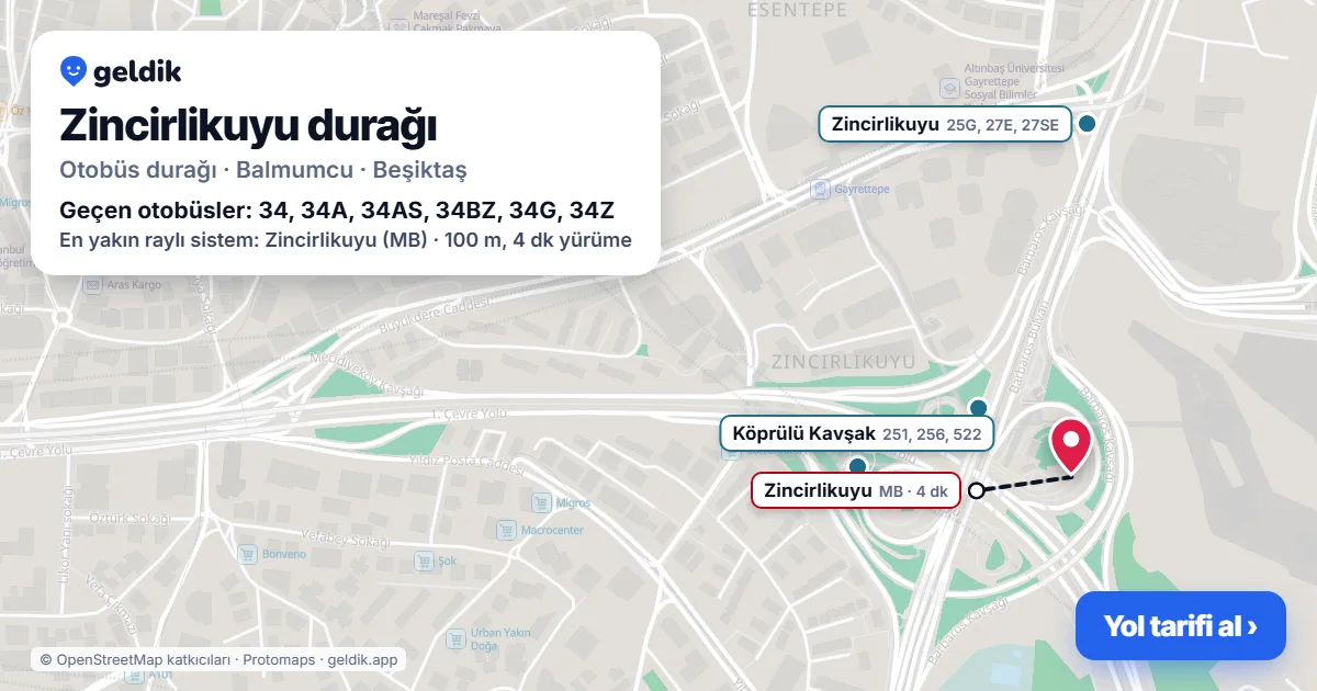 Zincirlikuyu otobüs durağı haritada: konumu ve yakındaki duraklar