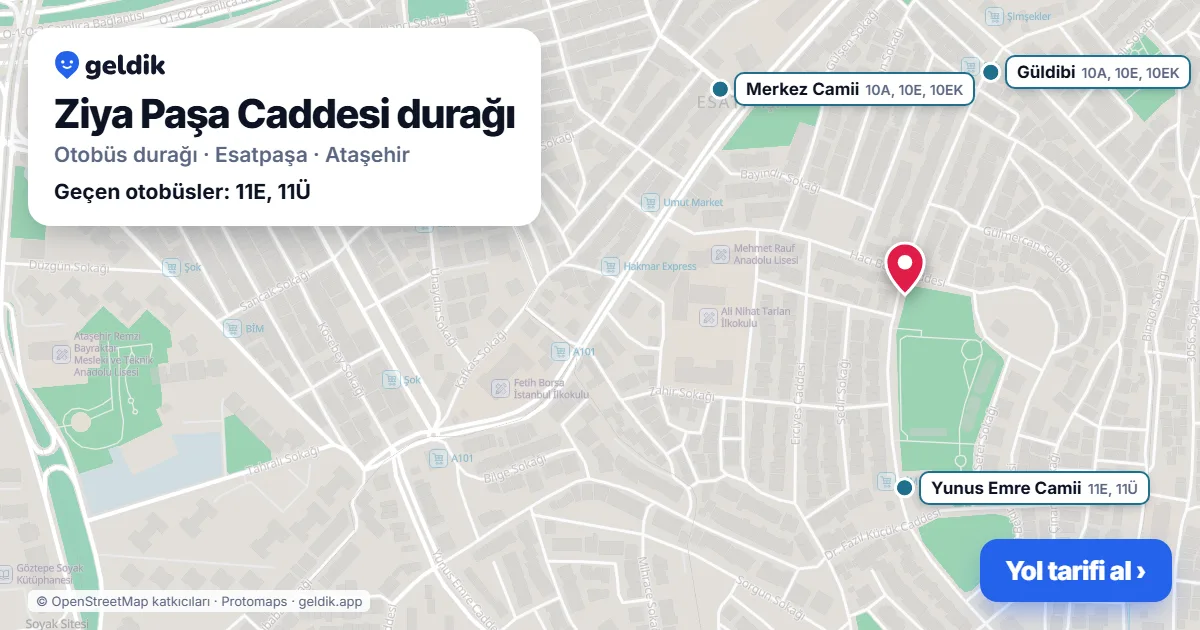 Ziya Paşa Caddesi otobüs durağı haritada: konumu ve yakındaki duraklar