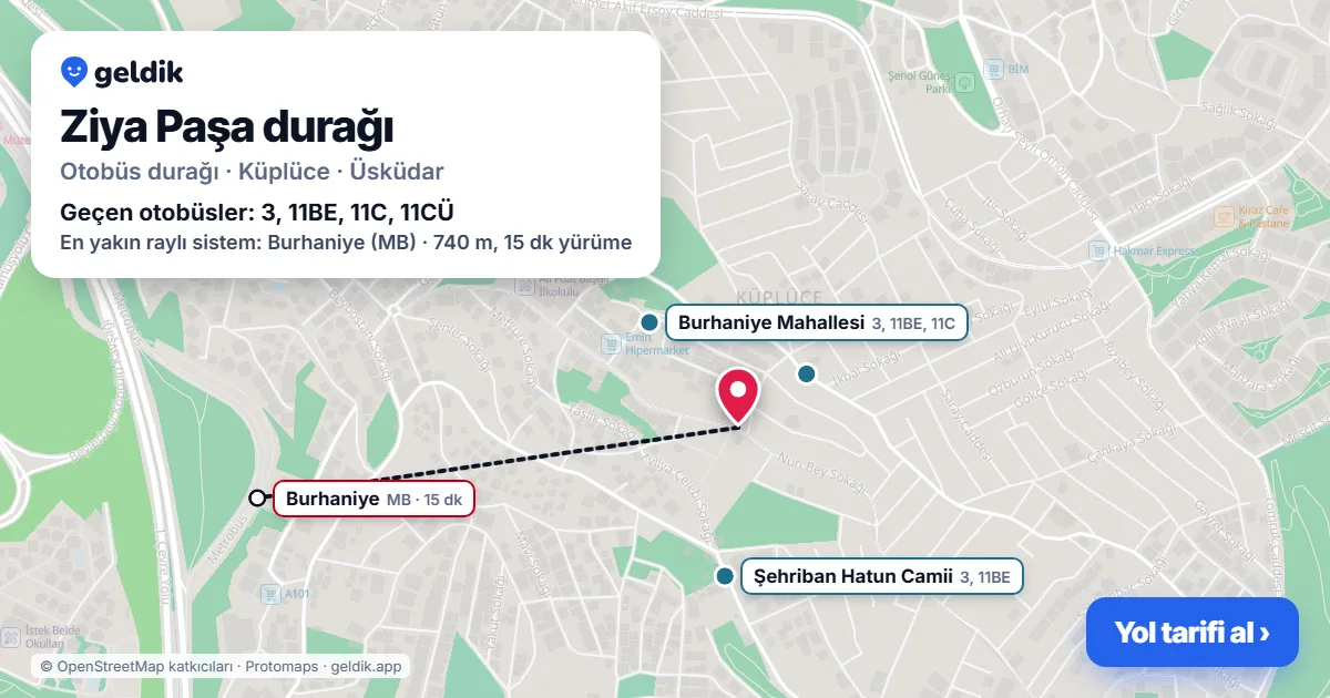 Ziya Paşa otobüs durağı haritada: konumu ve yakındaki duraklar