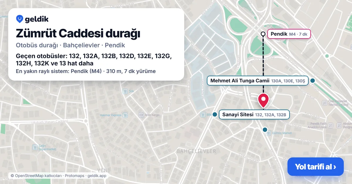Zümrüt Caddesi otobüs durağı haritada: konumu ve yakındaki duraklar