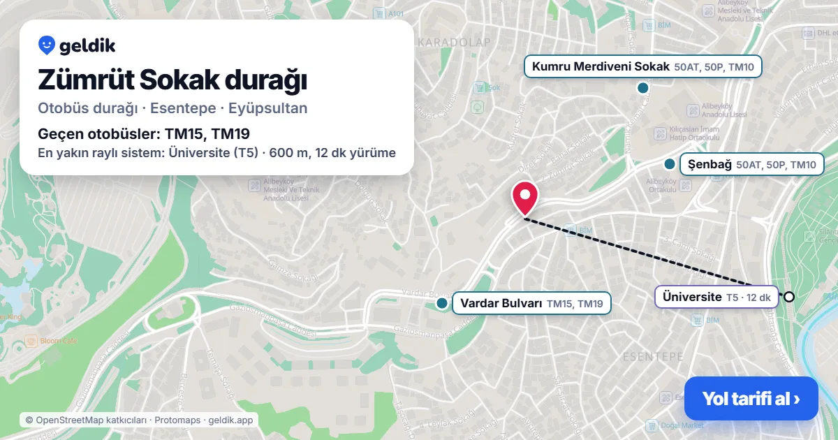 Zümrüt Sokak otobüs durağı haritada: konumu ve yakındaki duraklar