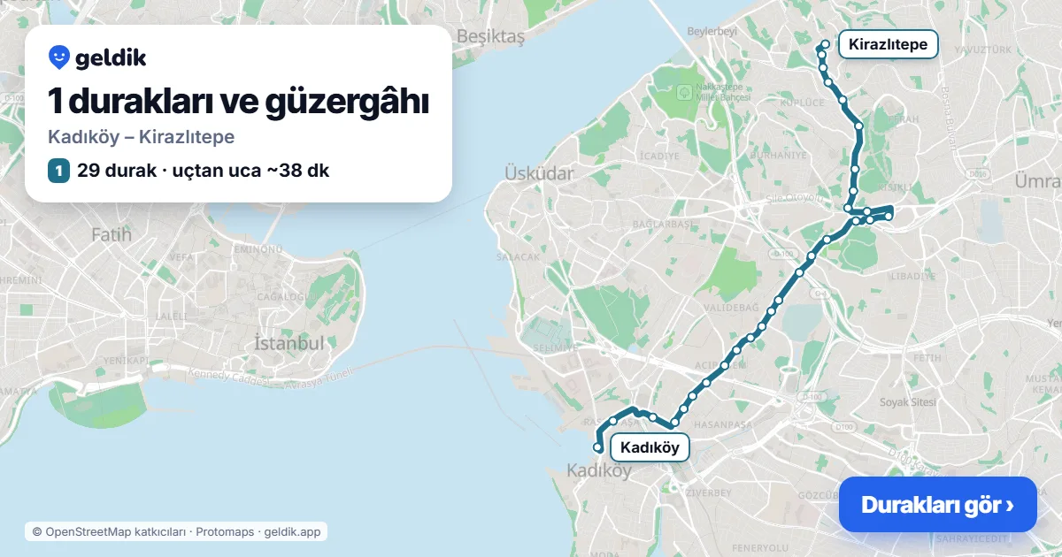 1 otobüs güzergâhı haritası: Kadıköy – Kirazlıtepe, 29 durak