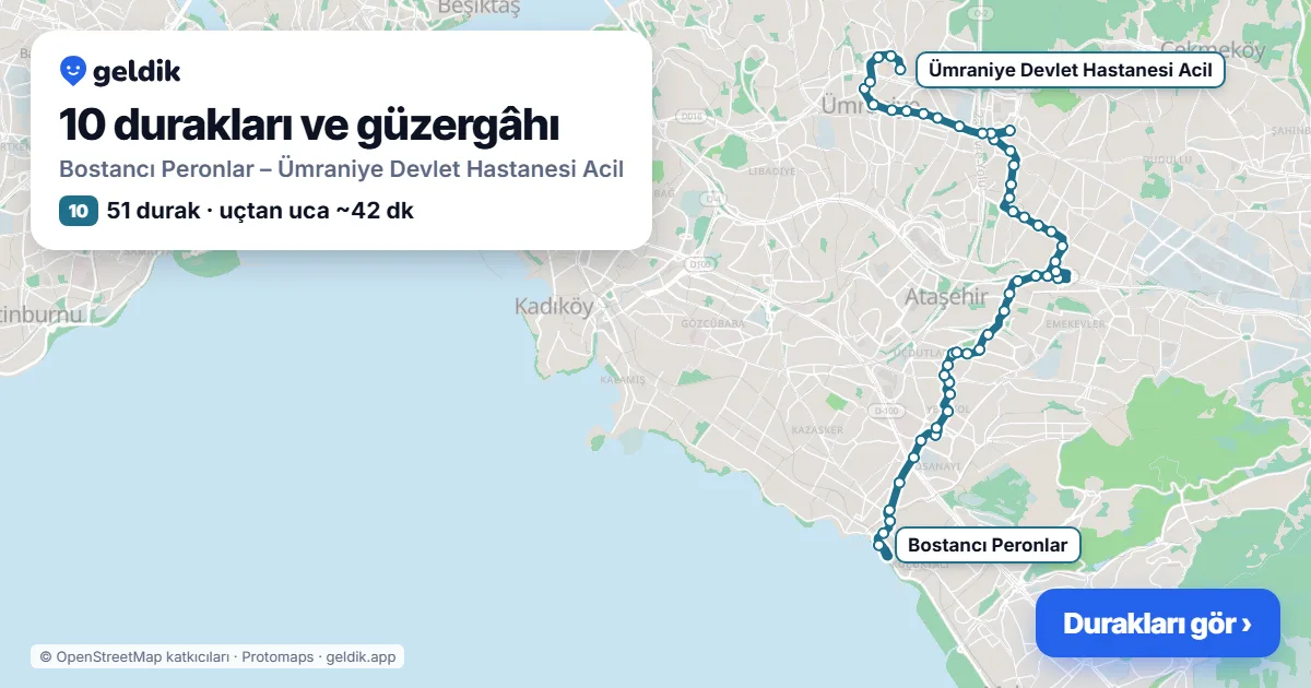 10 otobüs güzergâhı haritası: Bostancı Peronlar – Ümraniye Devlet Hastanesi Acil, 51 durak
