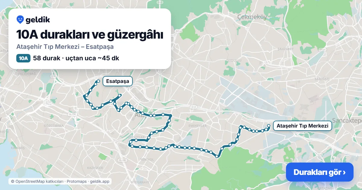 10A otobüs güzergâhı haritası: Ataşehir Tıp Merkezi – Esatpaşa, 58 durak
