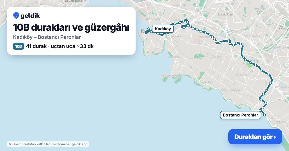 10B otobüs güzergâhı haritası: Kadıköy – Bostancı Peronlar, 41 durak