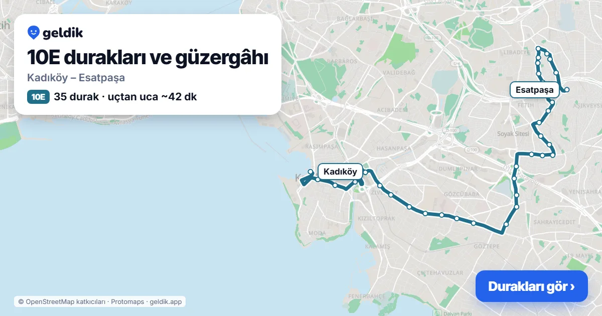 10E otobüs güzergâhı haritası: Kadıköy – Esatpaşa, 35 durak
