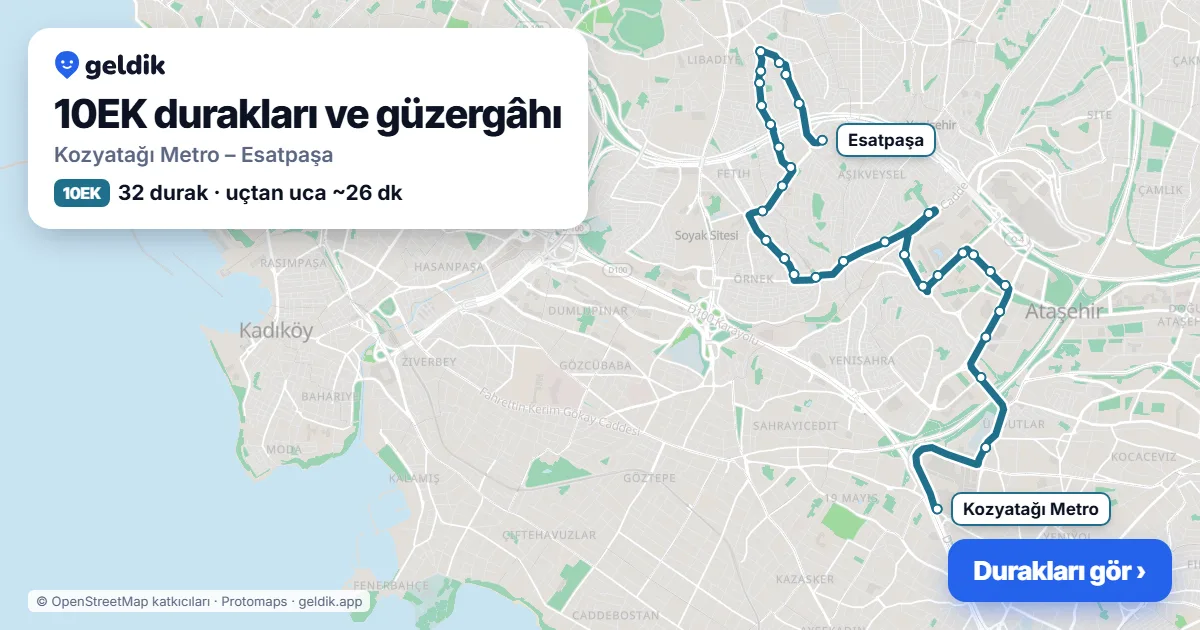 10EK bus route map: Kozyatağı Metro – Esatpaşa, 32 stops