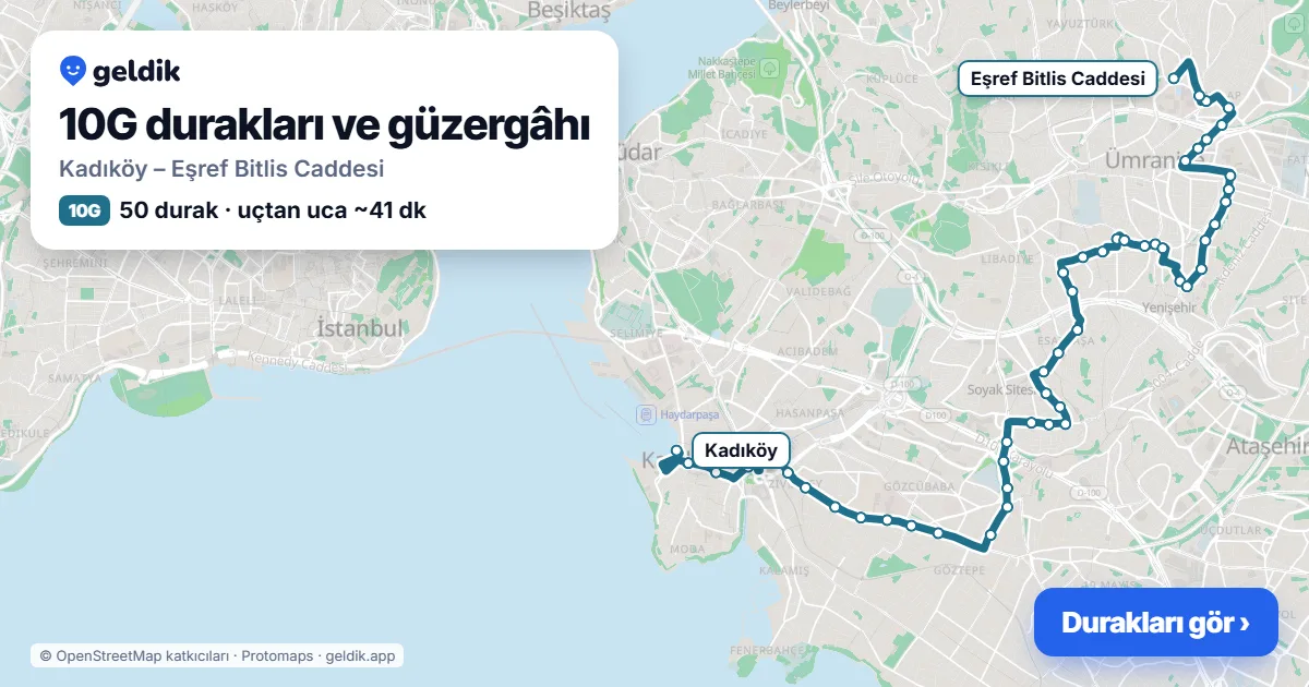 10G otobüs güzergâhı haritası: Kadıköy – Eşref Bitlis Caddesi, 50 durak