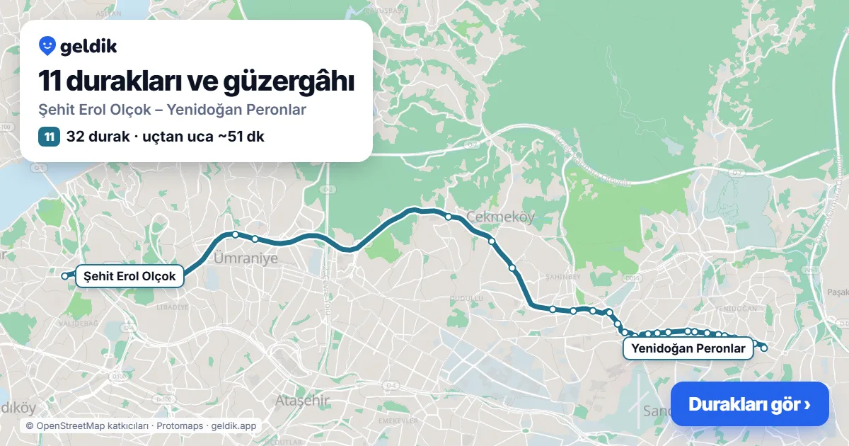 11 otobüs güzergâhı haritası: Şehit Erol Olçok – Yenidoğan Peronlar, 32 durak
