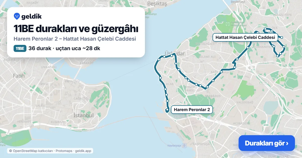 11BE otobüs güzergâhı haritası: Harem Peronlar 2 – Hattat Hasan Çelebi Caddesi, 36 durak