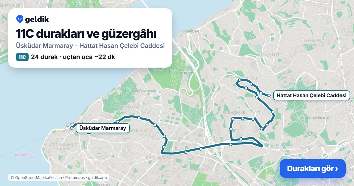 11C otobüs güzergâhı haritası: Üsküdar Marmaray – Hattat Hasan Çelebi Caddesi, 24 durak