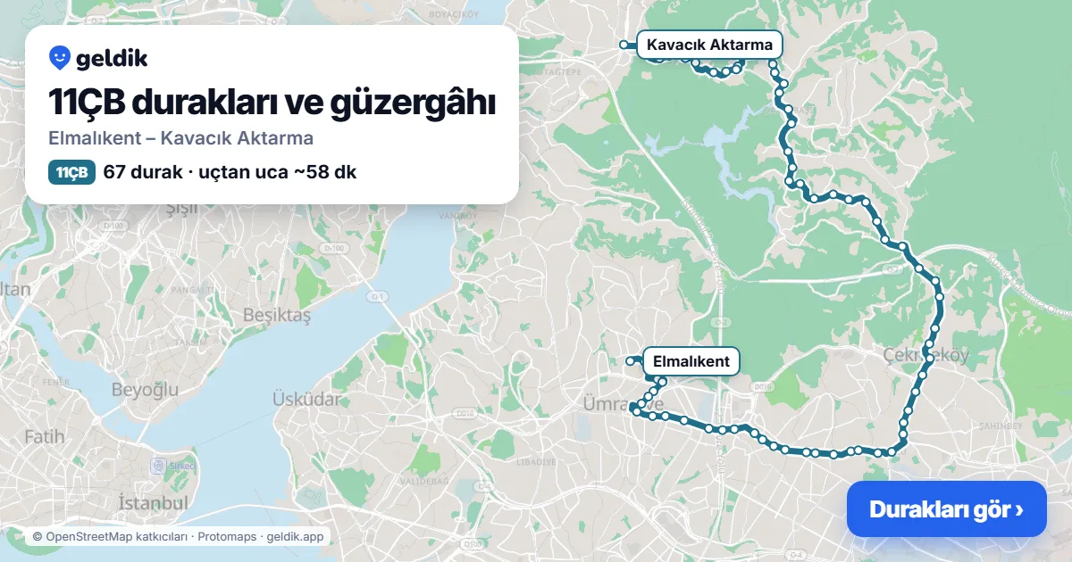 11ÇB otobüs güzergâhı haritası: Elmalıkent – Kavacık Aktarma, 67 durak