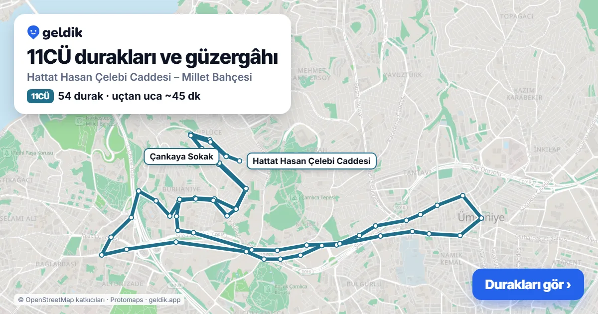 11CÜ otobüs güzergâhı haritası: Hattat Hasan Çelebi Caddesi – Millet Bahçesi, 54 durak