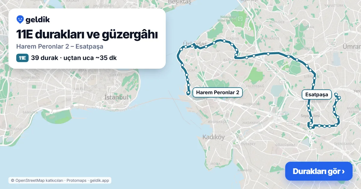 11E otobüs güzergâhı haritası: Harem Peronlar 2 – Esatpaşa, 39 durak