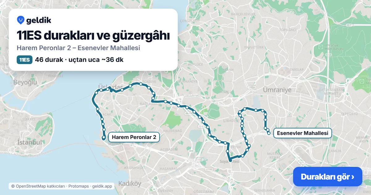 11ES otobüs güzergâhı haritası: Harem Peronlar 2 – Esenevler Mahallesi, 46 durak