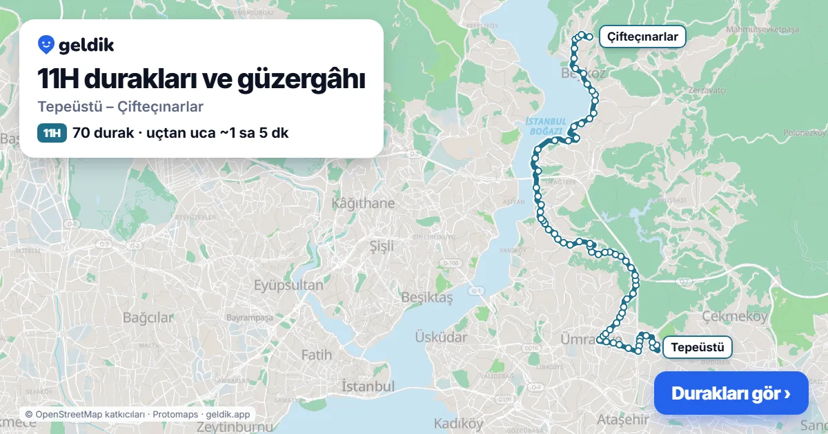 11H otobüs güzergâhı haritası: Tepeüstü – Çifteçınarlar, 70 durak