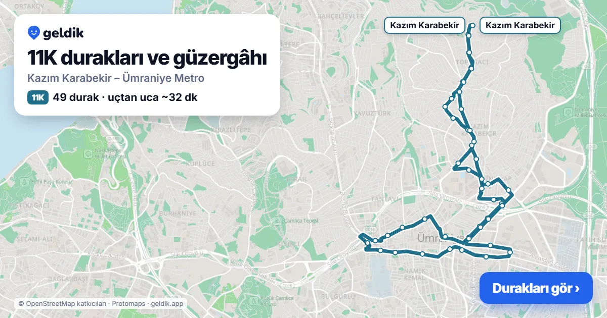 11K otobüs güzergâhı haritası: Kazım Karabekir – Ümraniye Metro, 49 durak