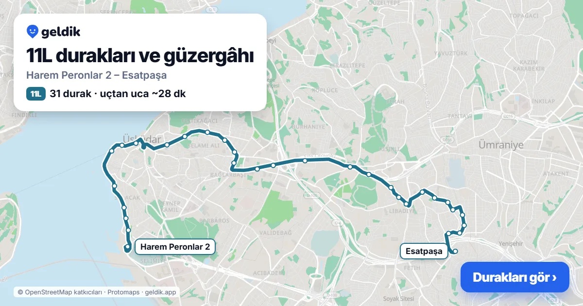 11L otobüs güzergâhı haritası: Harem Peronlar 2 – Esatpaşa, 31 durak