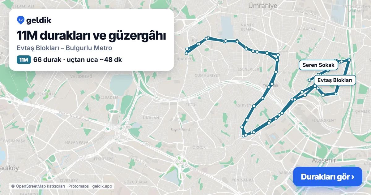 11M otobüs güzergâhı haritası: Evtaş Blokları – Bulgurlu Metro, 66 durak