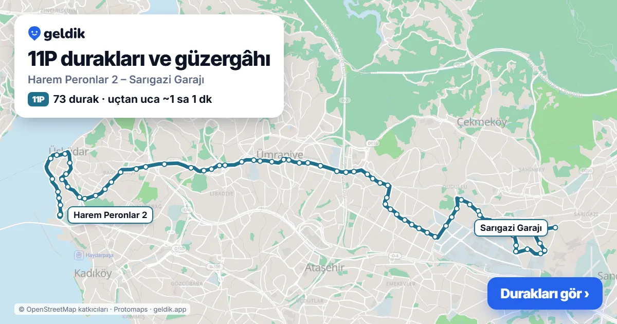 11P otobüs güzergâhı haritası: Harem Peronlar 2 – Sarıgazi Garajı, 73 durak