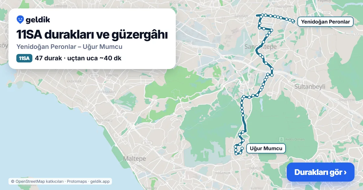 11SA otobüs güzergâhı haritası: Yenidoğan Peronlar – Uğur Mumcu, 47 durak